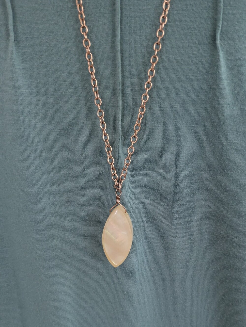 Pendant Necklace 18" Boho Earthy Moonstone Style Copper Tone Marquise Stone